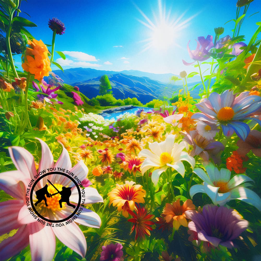 The album cover for Flysword's single "Show You The Sun" which features a wide field of flowers on a sunny day with very saturated colors and Flysword's logo in the bottom left corner.
